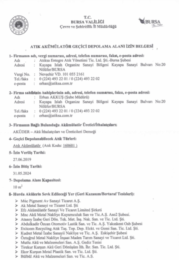 Akümülatör Geçici Depolama İzni Akümülatör Geçici Depolama İzni